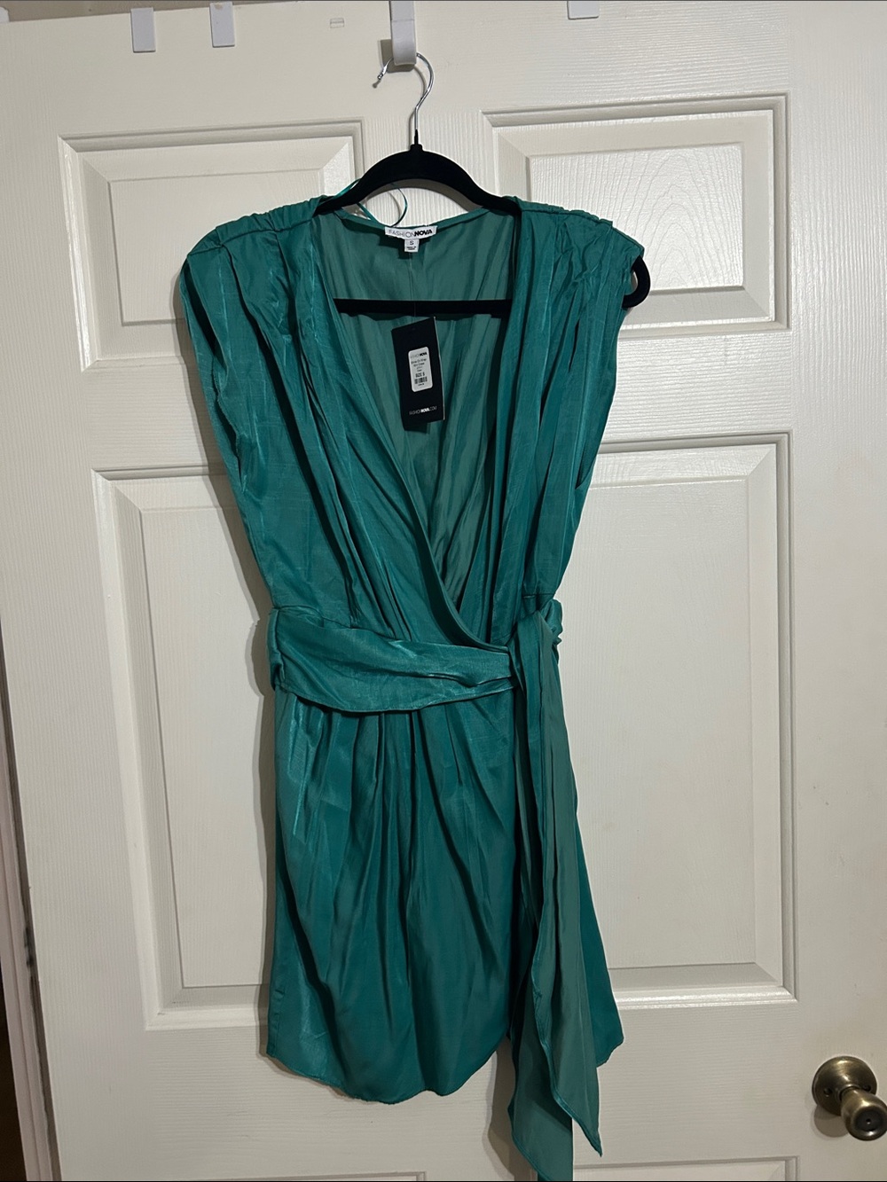 Fashion Nova Teal Faux-Wrap Mini Dress with Waist Sash